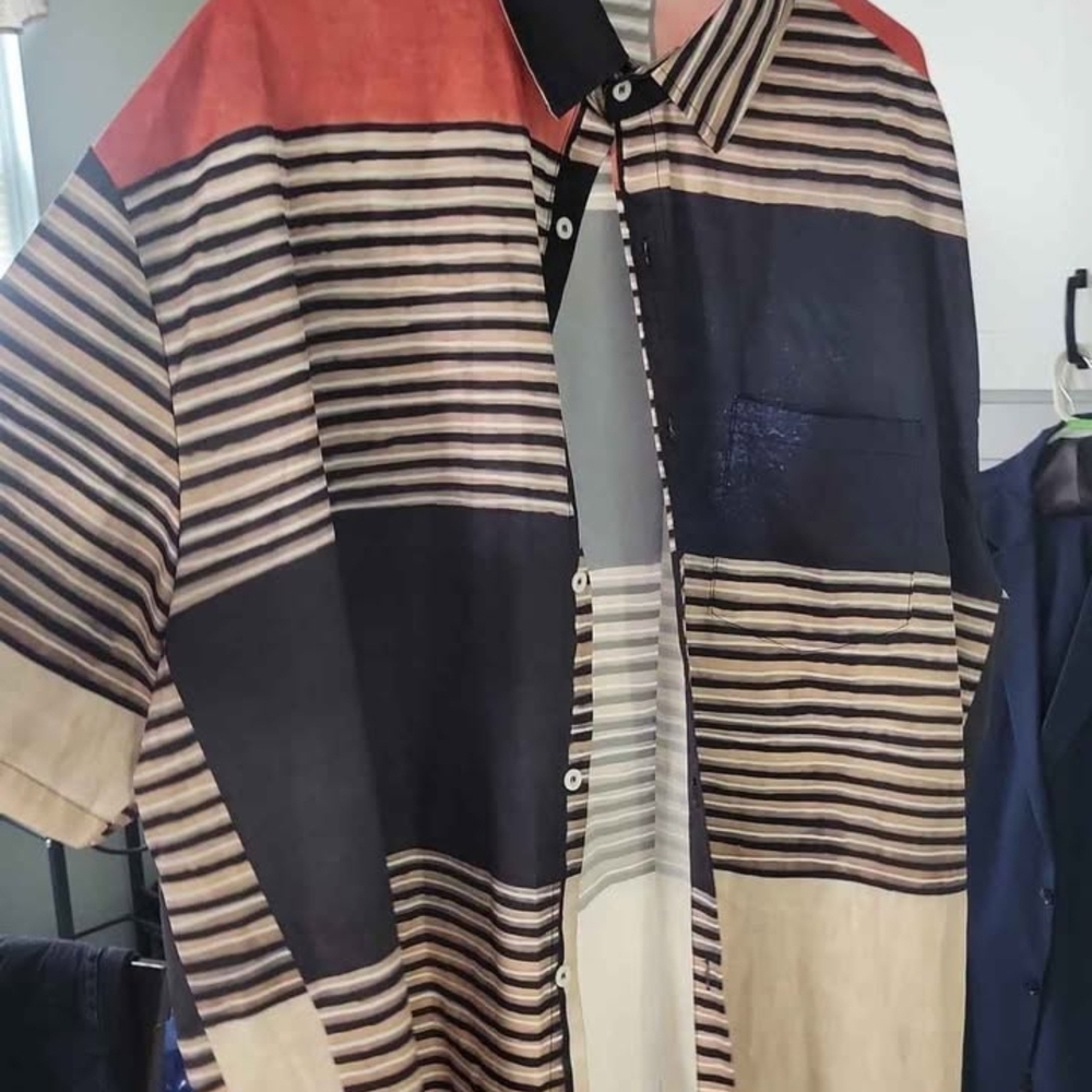 Striped Casual Button Down Guyabera Shirt - Black, Red, Cream